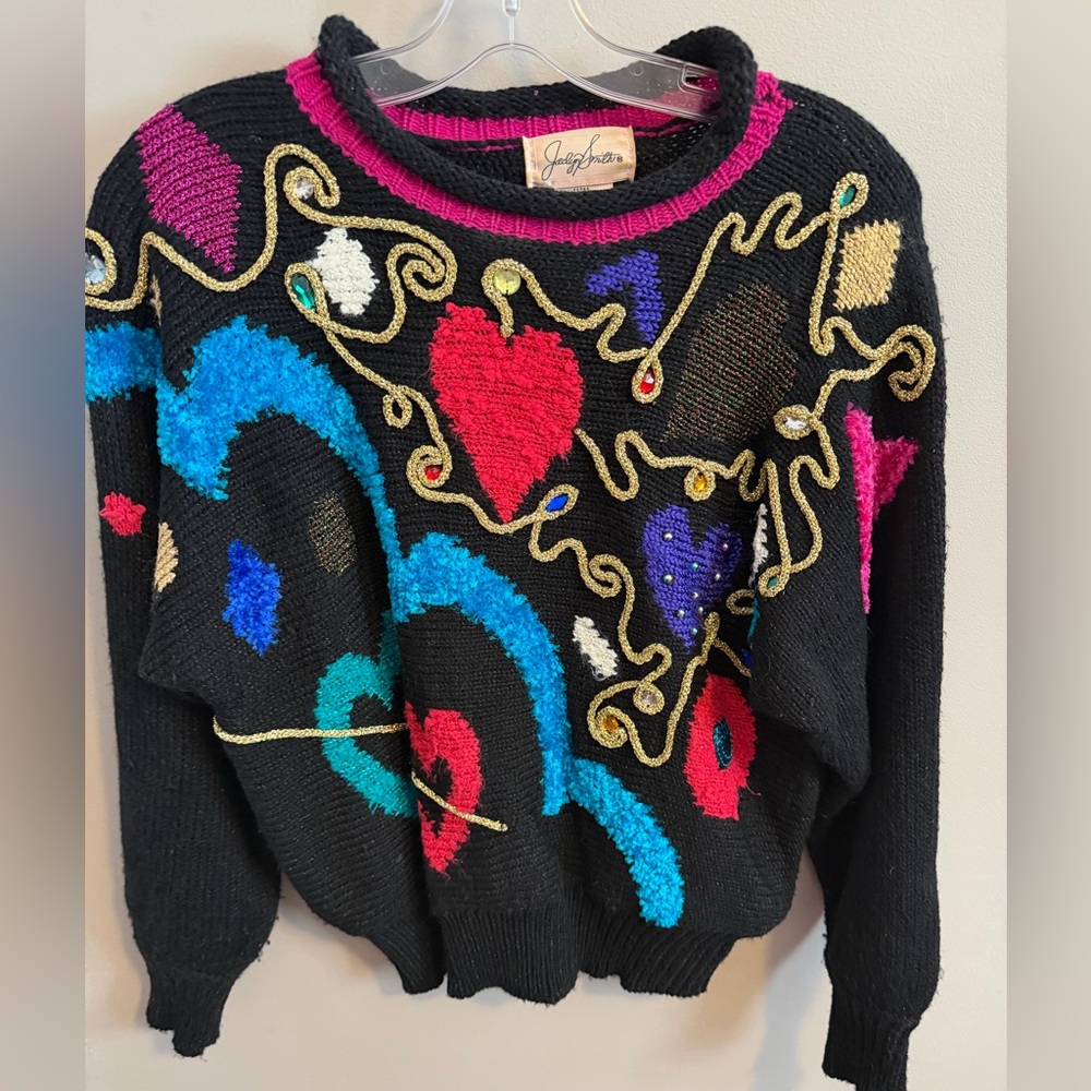 M Black 80s Vintage Jaclyn Smith Embroidered Heart Gemstone Sweater M